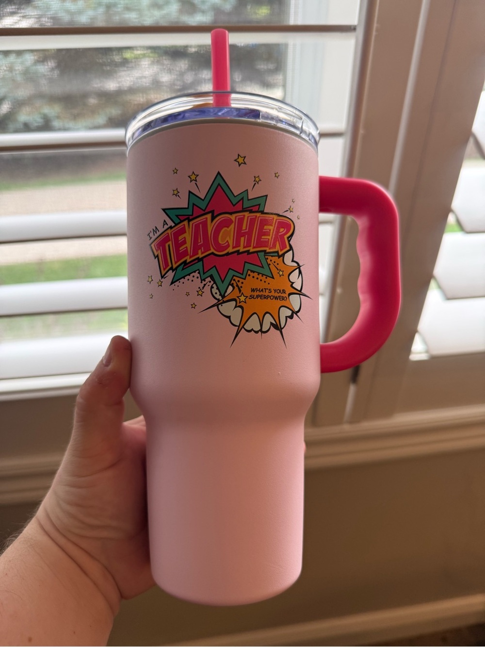 Pink 'Teacher' Tumbler with Hot Pink Handle